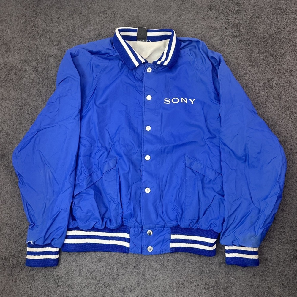 vintage 90s SONY bomber jacket snap up blue size XL varsity sportswear retro